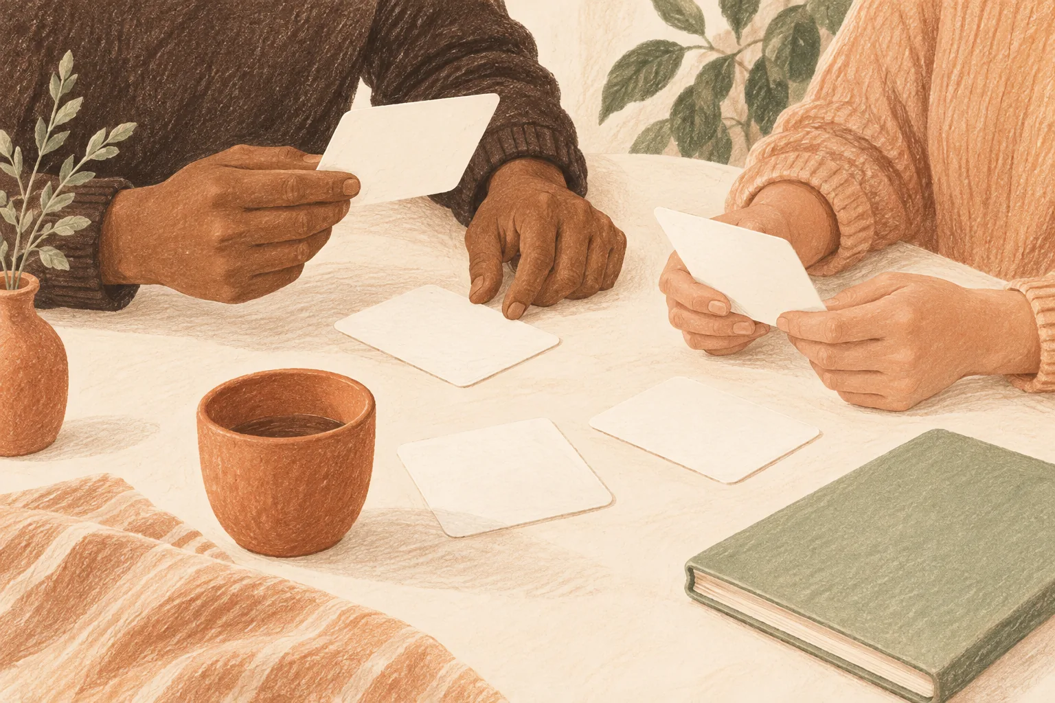 Illustration of two people reviewing a simple service plan at a table.