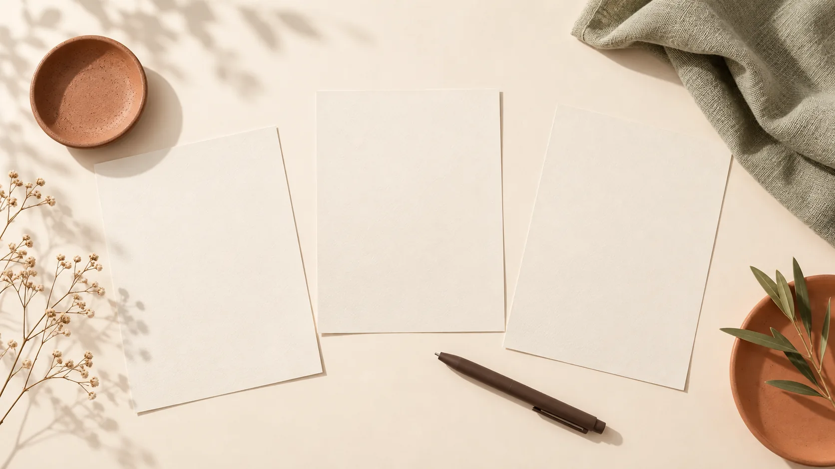 Blank paper guides, a pen, and a folded cloth arranged on a warm desk.